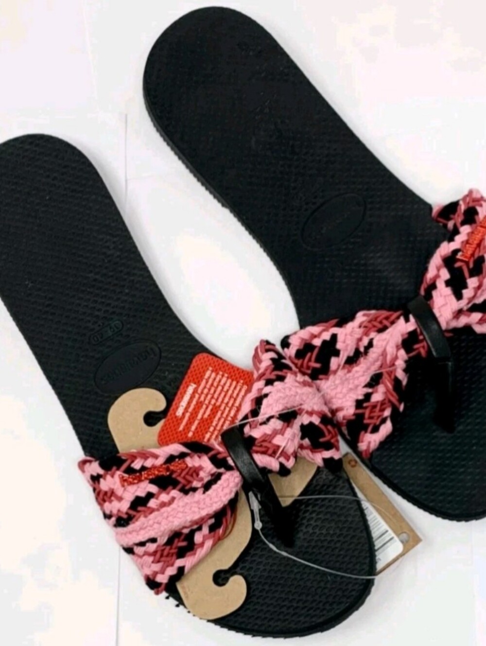 NWT Original HAVAIANAS Womens You St Tropez Mesh Flip Flops Black Pink Bow 6